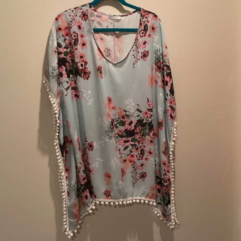Floral light blue swim cover up with Pom Pom Trim